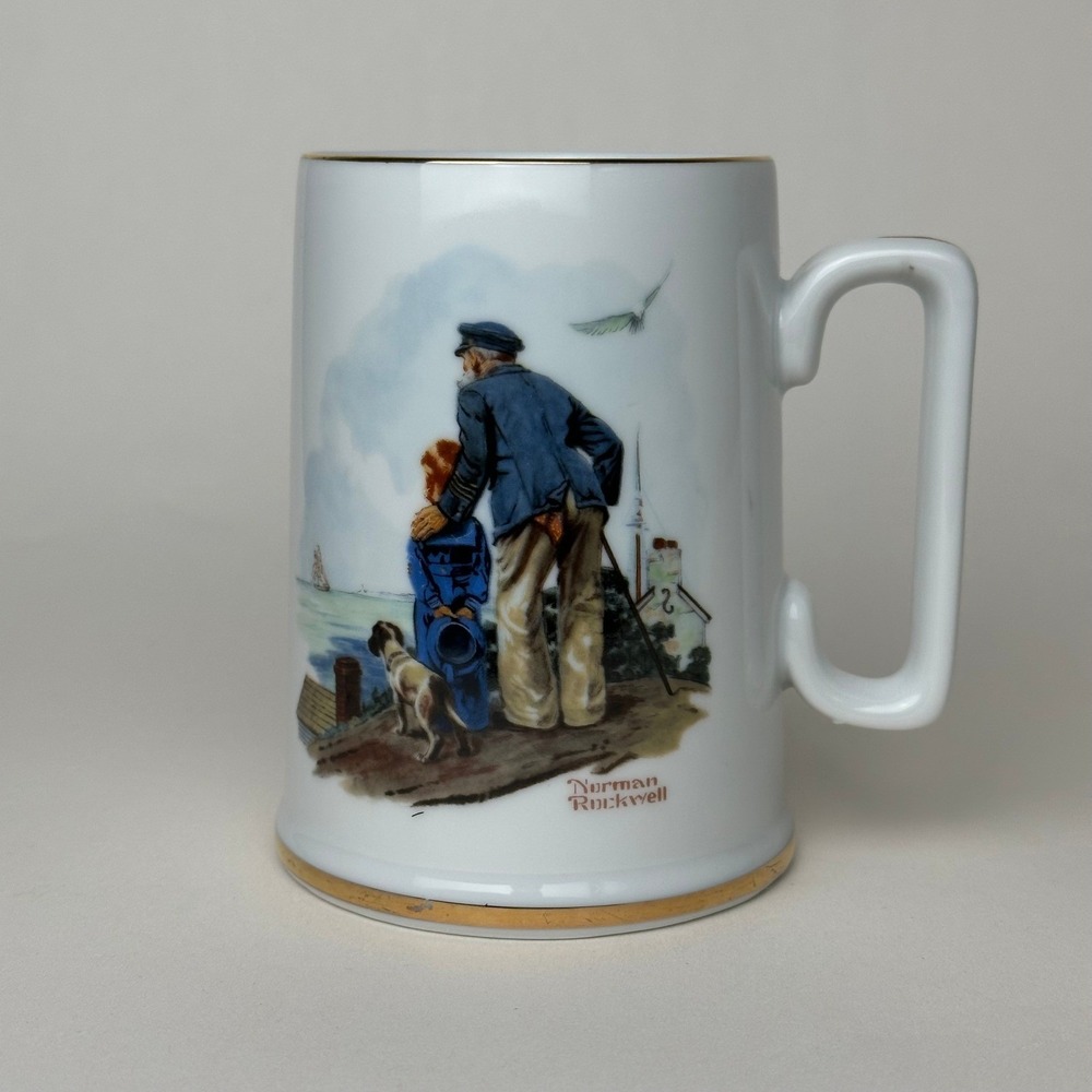 Norman Rockwell Museum Mug White Looking Out To Sea Vintage 1985 Gold